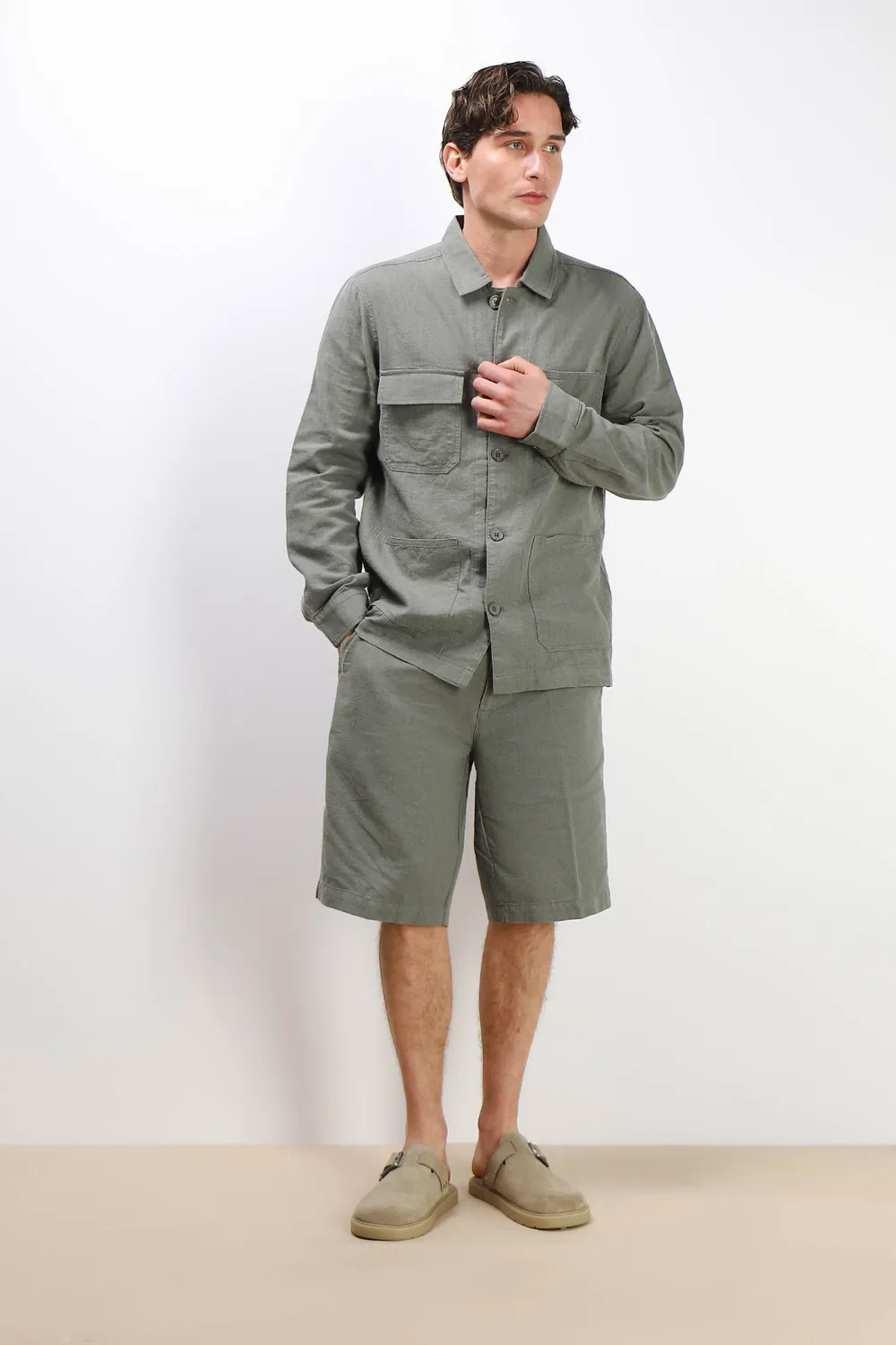 Sonny Bono Overshirt Misto Lino Verde Militare Uomo