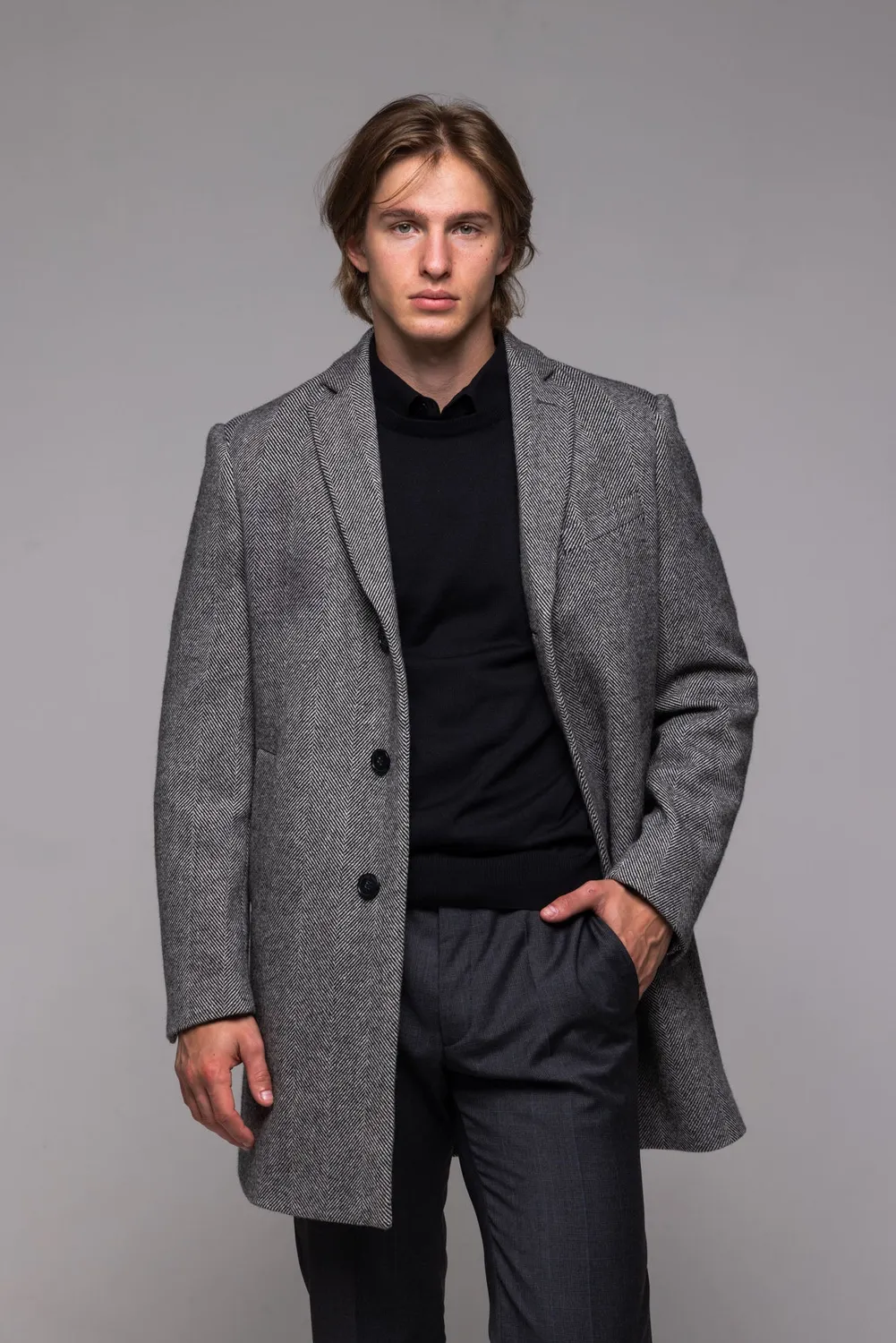 Alain Delon cappotto slim fit spigato lana bianco nero