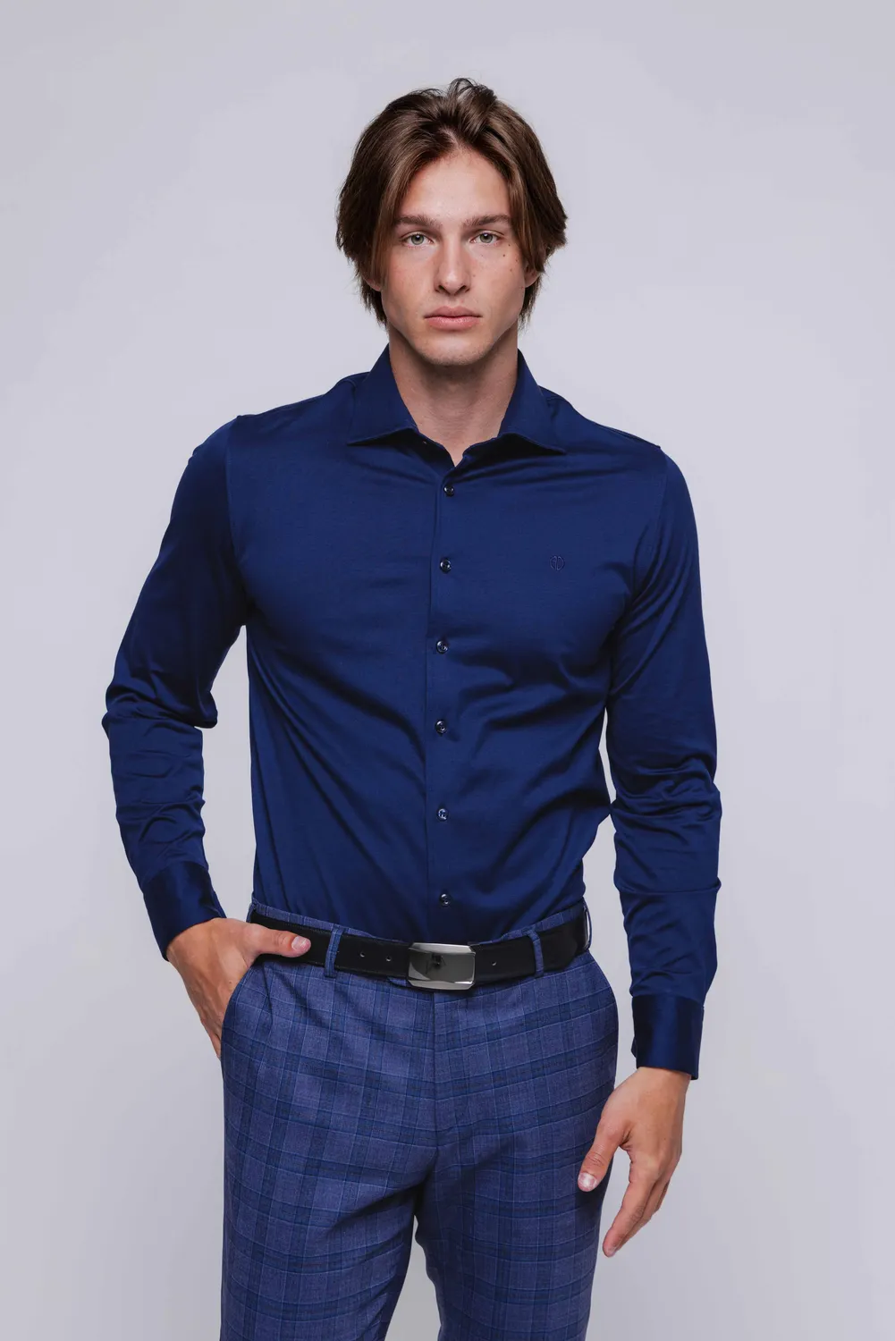 Alain Delon camicia blu extra slim stretch jersey