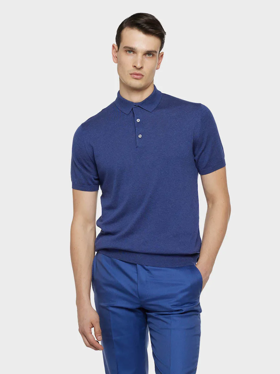 Caruso polo seta cotone blu maniche corte