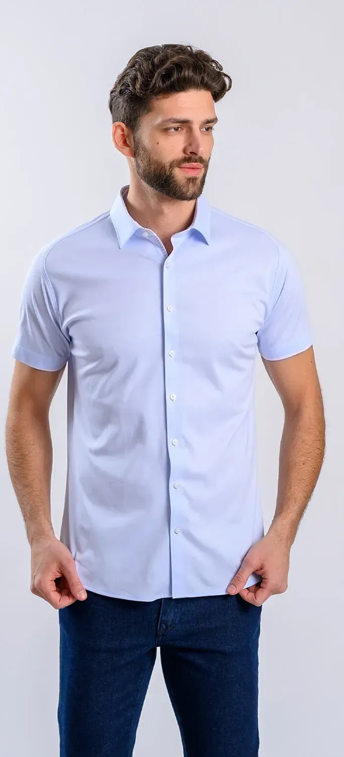 Alain Delon Camicia Extra Slim Manica Corta Azzurra Cotone