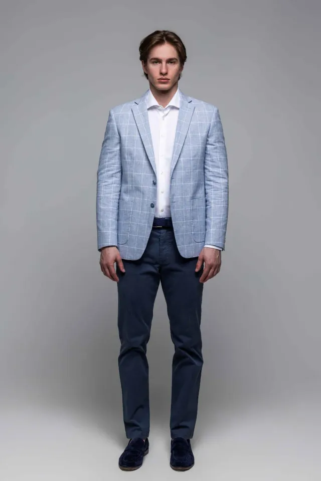 Alain Delon Slim Fit blazer lino azzurro quadri bianchi