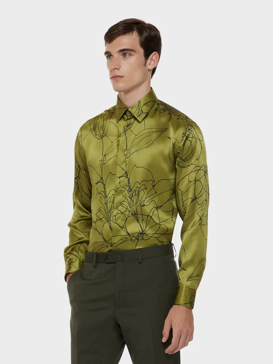Caruso Butterfly Camicia seta floreale verde collo francese