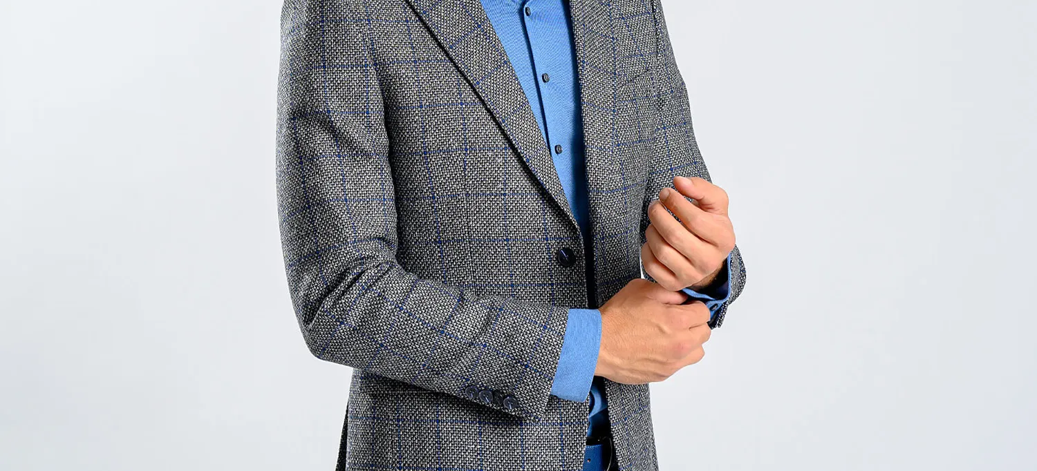Alain Delon giacca lana grigia quadri blu slim fit