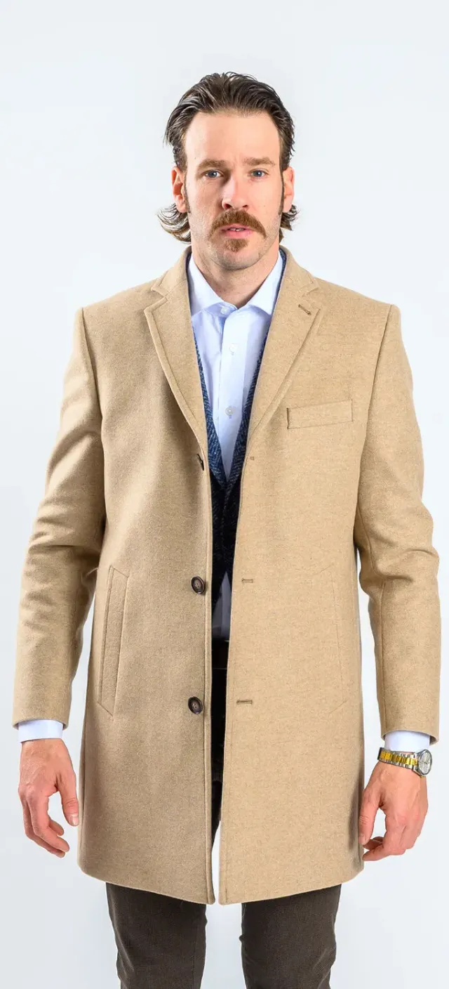 Alain Delon Cappotto Lana Beige Slim Fit Tasche