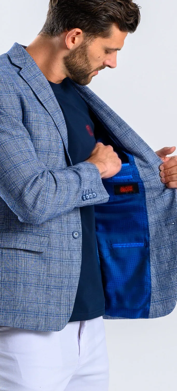 Alain Delon blazer lino a quadri blu taglia 50 estivo