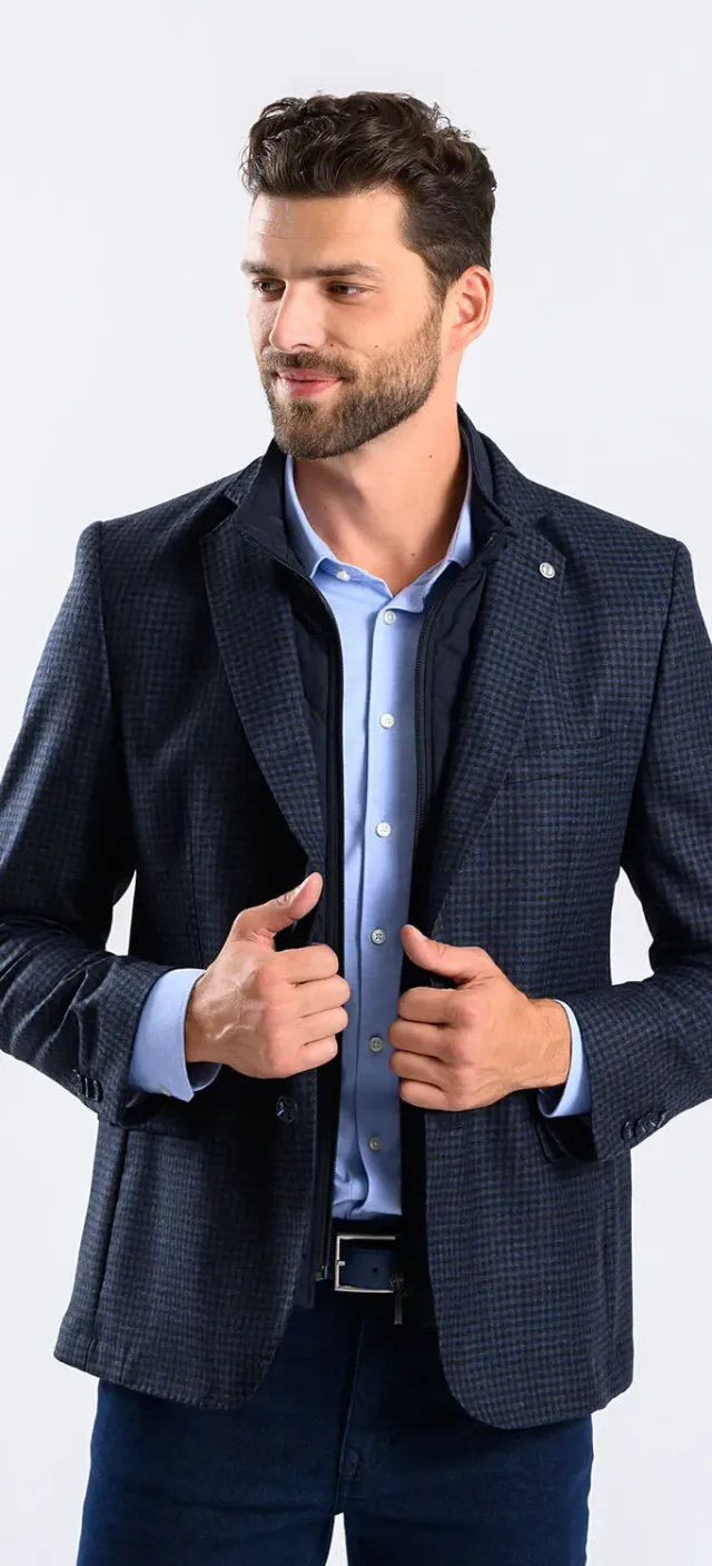Alain Delon blazer slim blu quadri lana fodera zip taglia XL