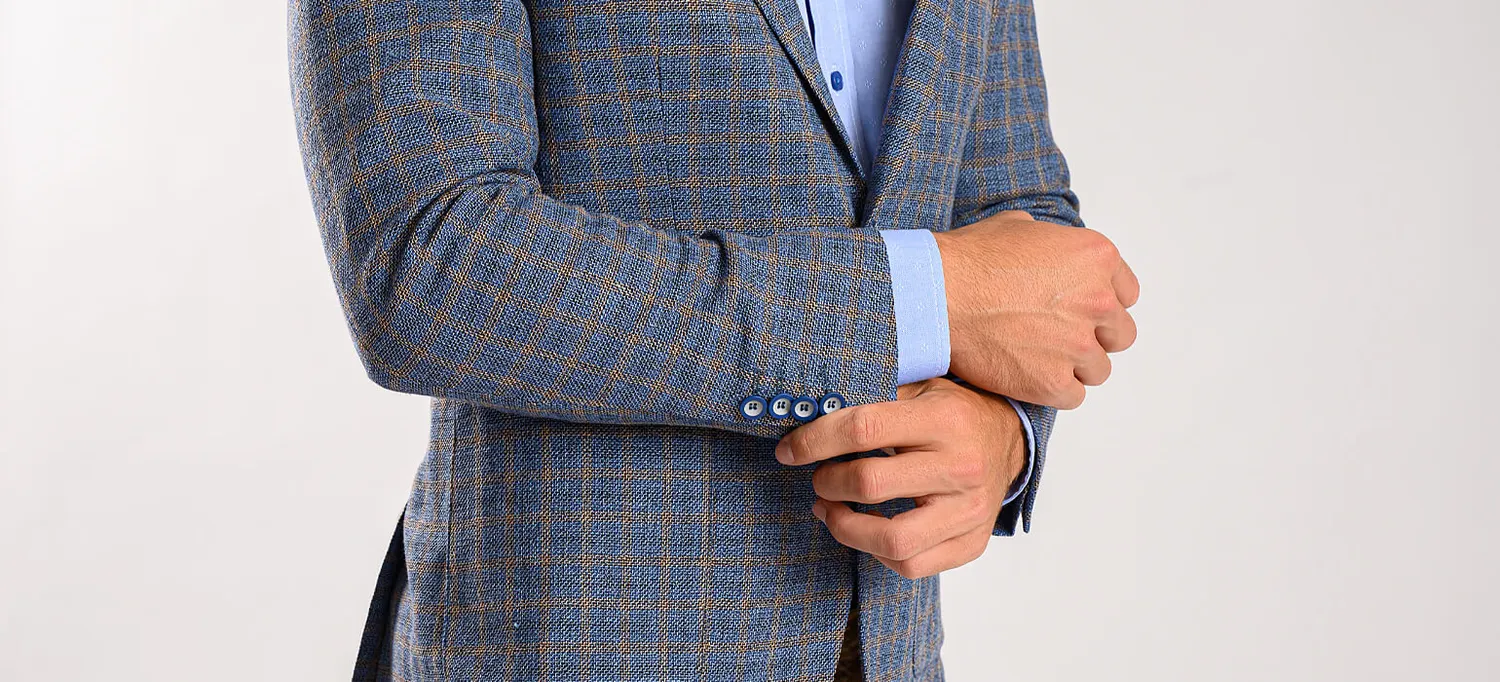 Alain Delon giacca blu lino quadri marroni slim fit