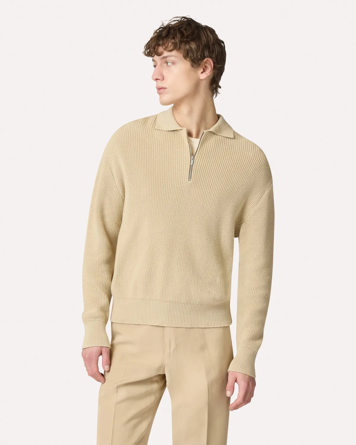 Lardini Polo beige maglia cotone manica lunga zip