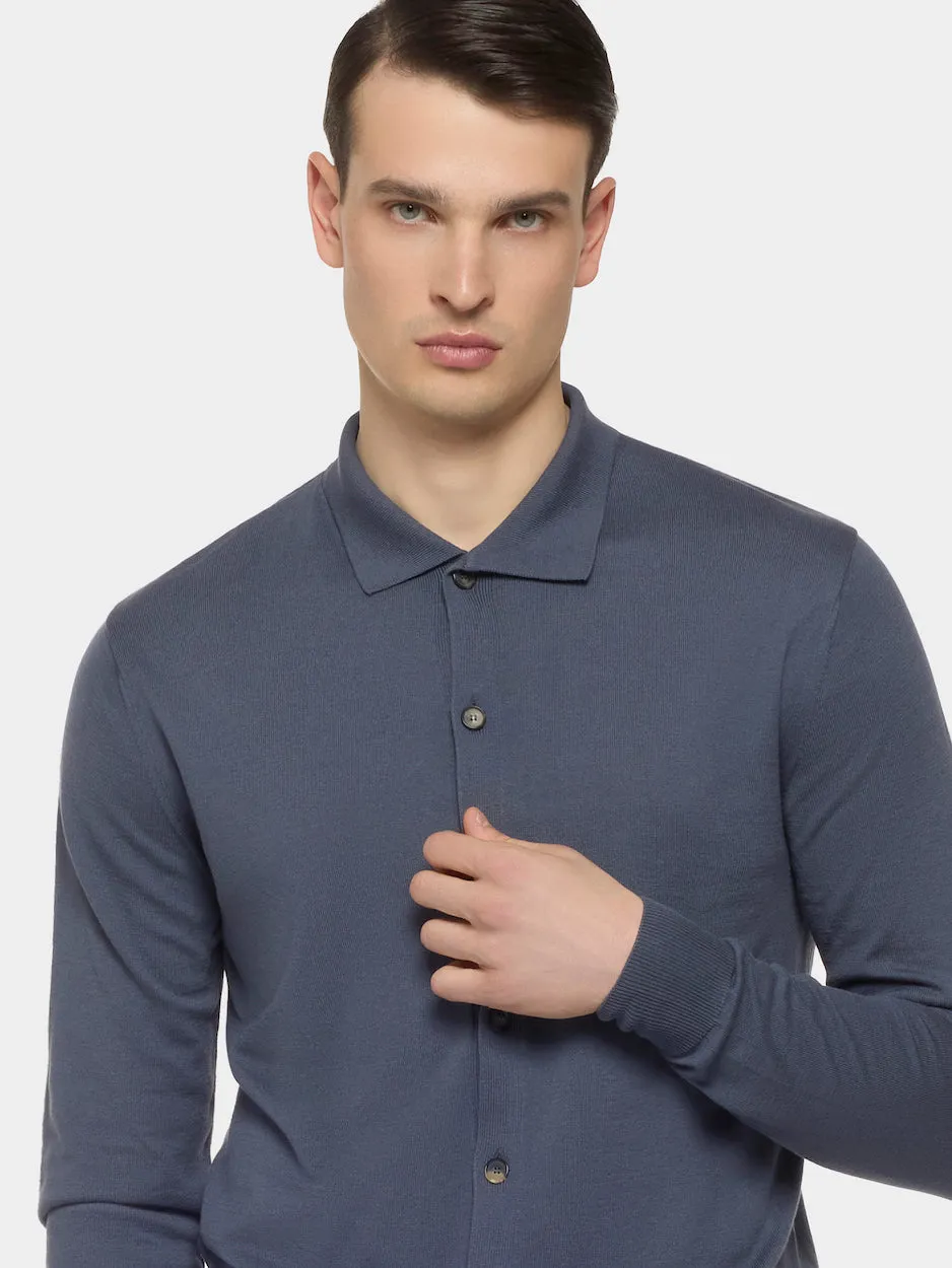 Caruso Butterfly polo cardigan seta e cotone blu
