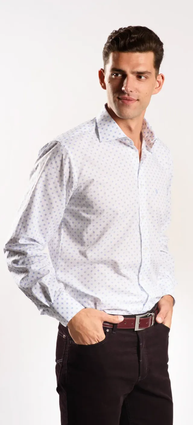 Alain Delon camicia slim fit bianca fantasia blu