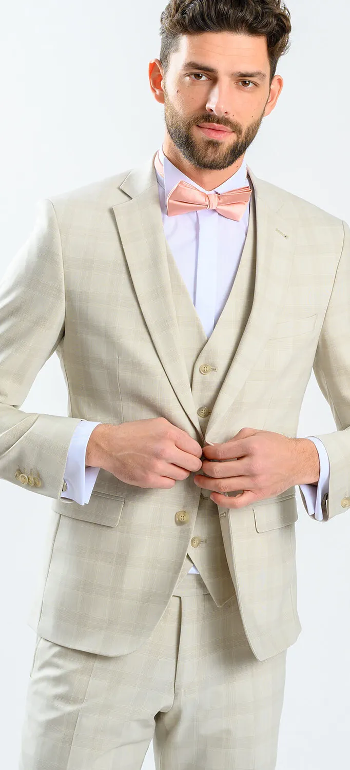 Alain Delon Abito Slim Fit Beige Quadri con Gilet Matrimonio