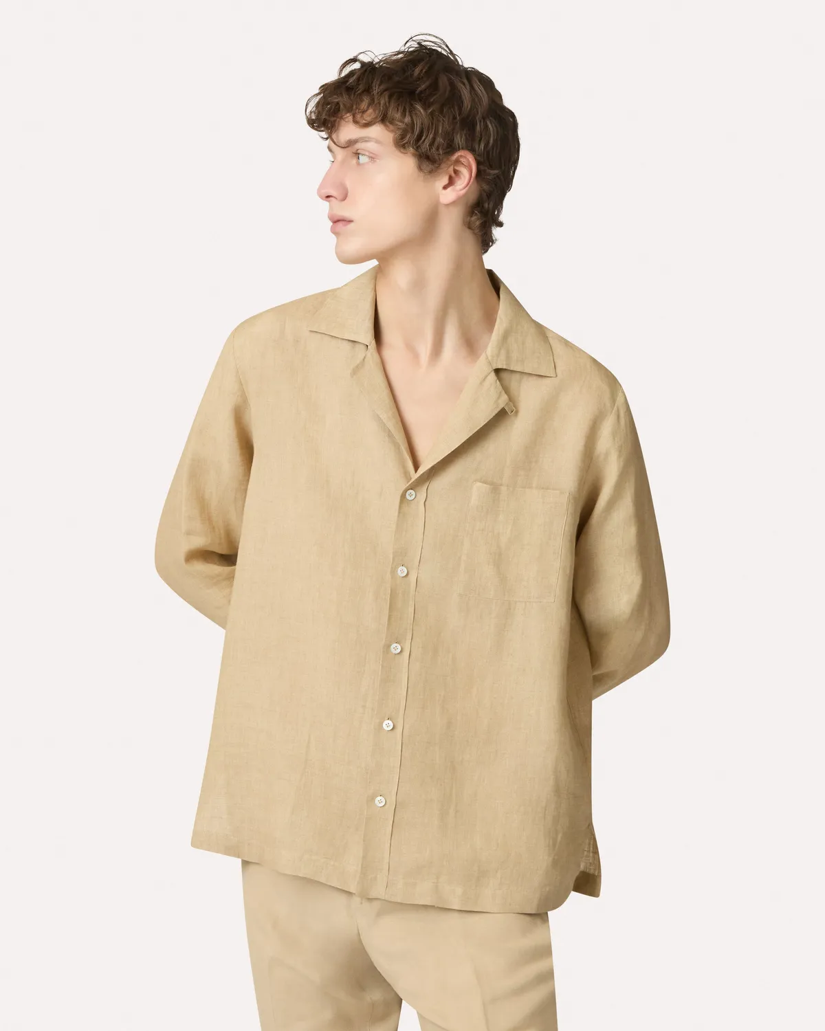 Lardini camicia beige lino collo aperto relax