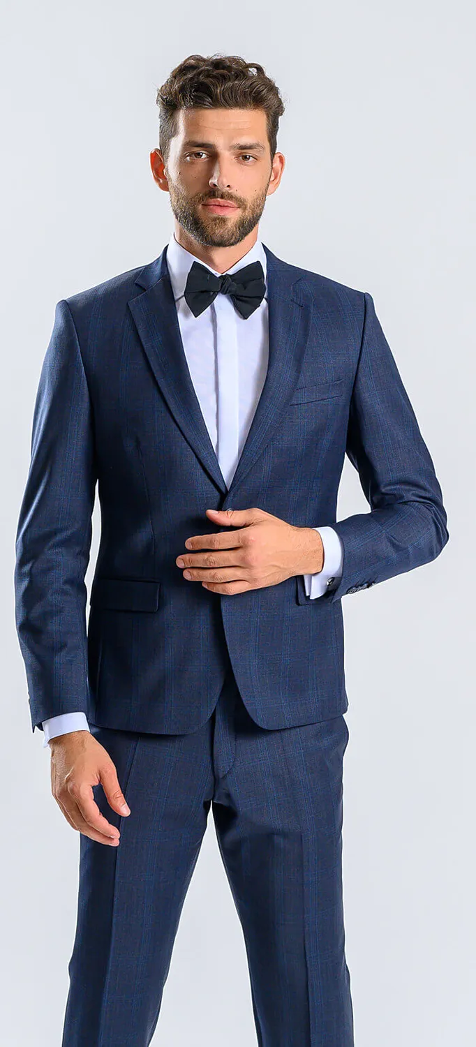 Alain Delon Abito Grigio Slim Fit a Quadri Blu 2 Pezzi