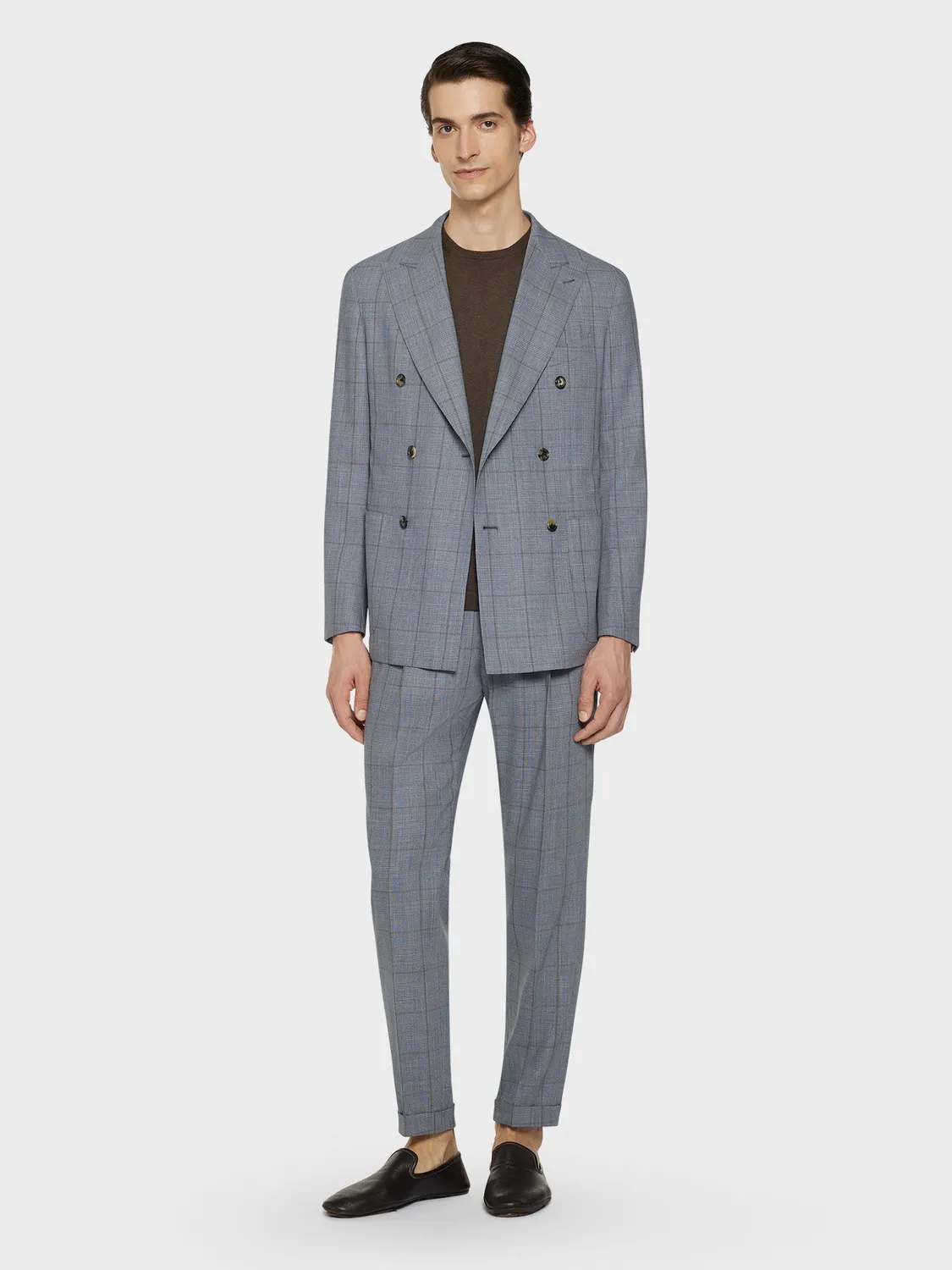 Caruso pantalone carrot-fit azzurro lana glen check
