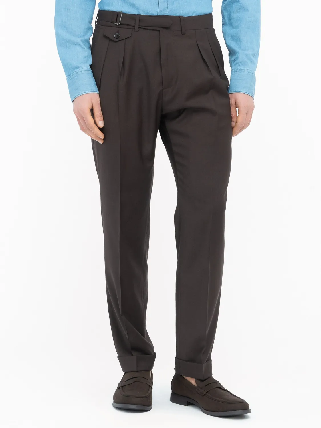 Paoloni pantalone doppia pinces lana stretch marrone