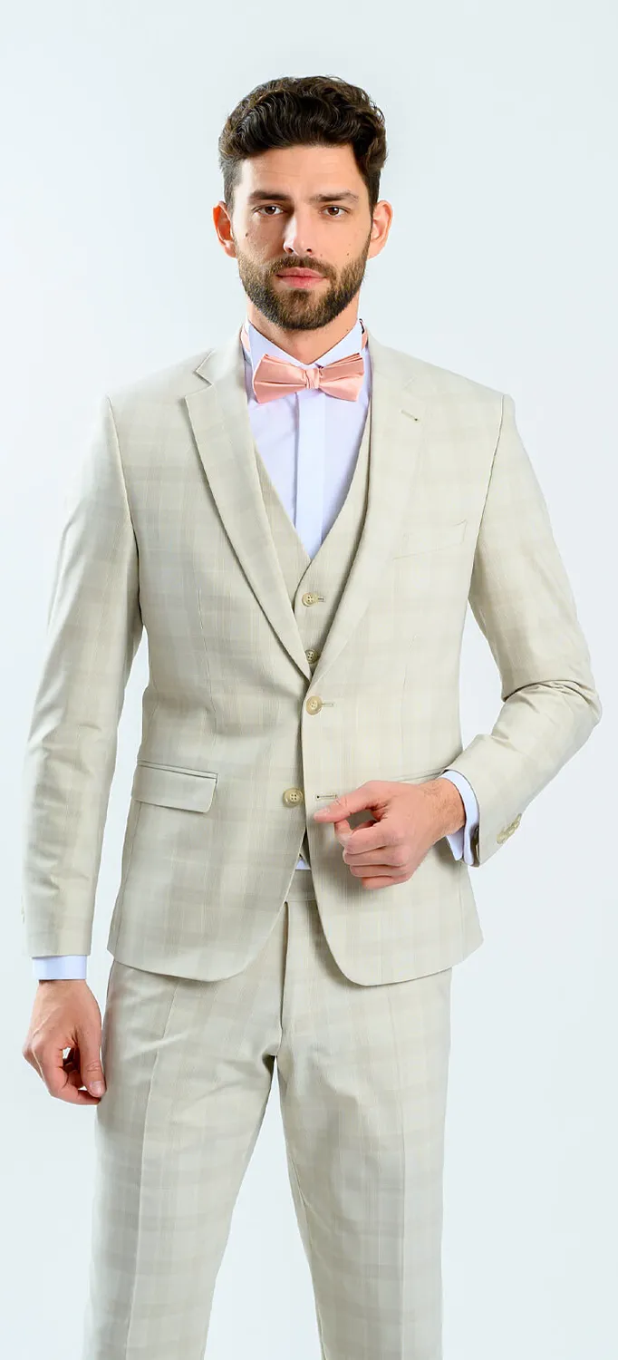 Alain Delon Abito Slim Fit Beige Quadri con Gilet Matrimonio