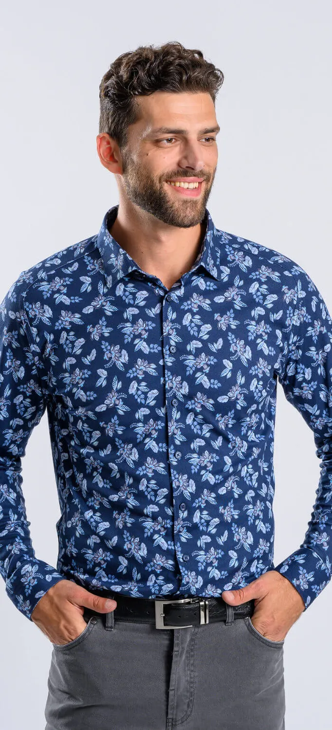 Alain Delon Camicia Extra Slim Fit Blu Jersey Fantasia