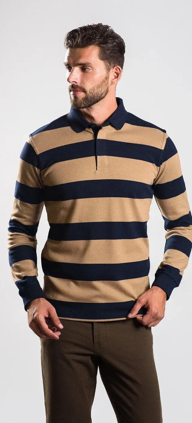 Alain Delon polo manica lunga righe marrone blu