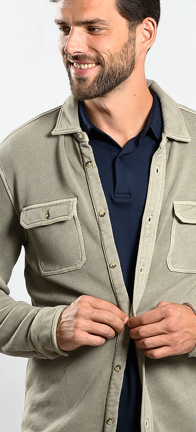 Alain Delon Camicia Oliva Cotone Pesante Slim