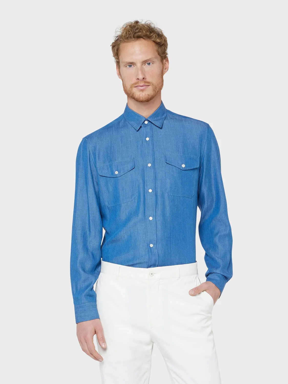 Caruso camicia tencel blu jeans bottoni madreperla