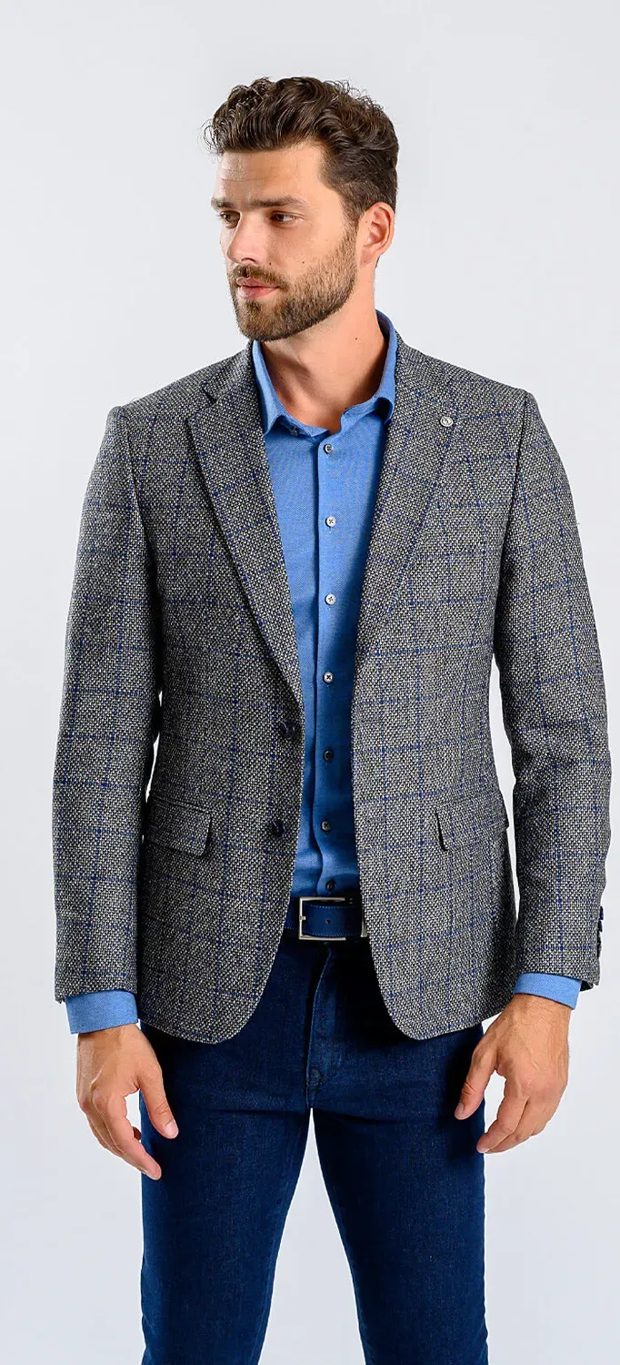 Alain Delon giacca lana grigia quadri blu slim fit