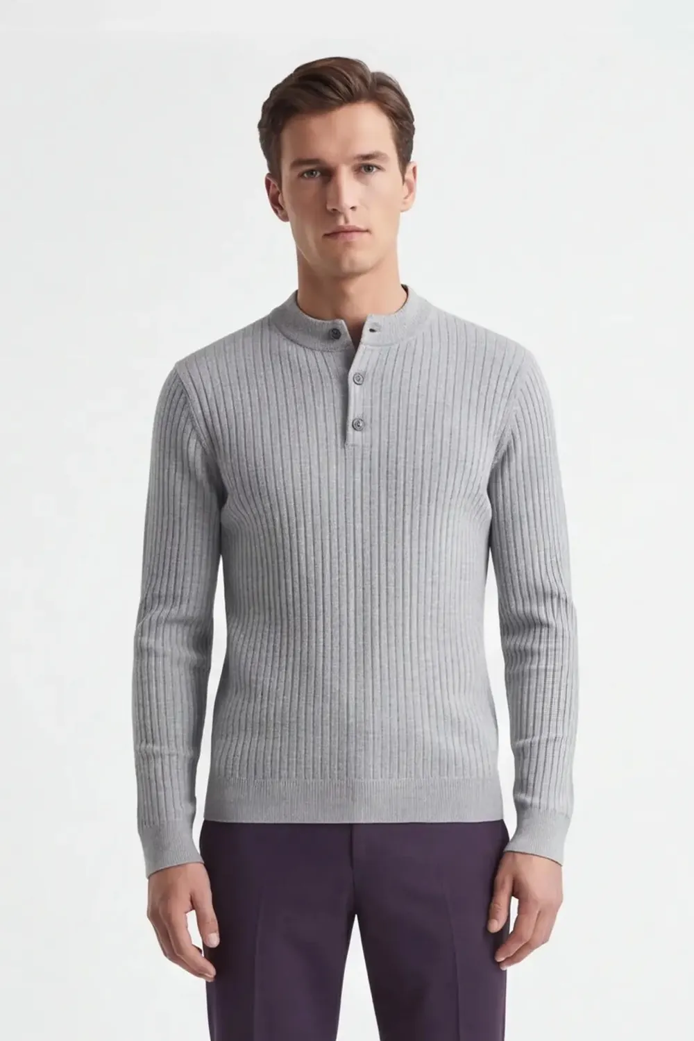 Sonny Bono maglia serafino coste grigio chiaro scollo bottoni
