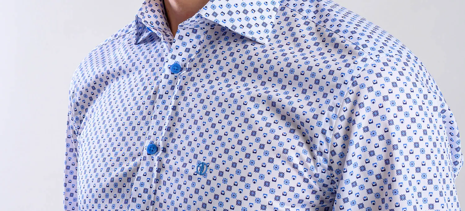 Alain Delon camicia bianca fantasia blu Extra Slim Getzner