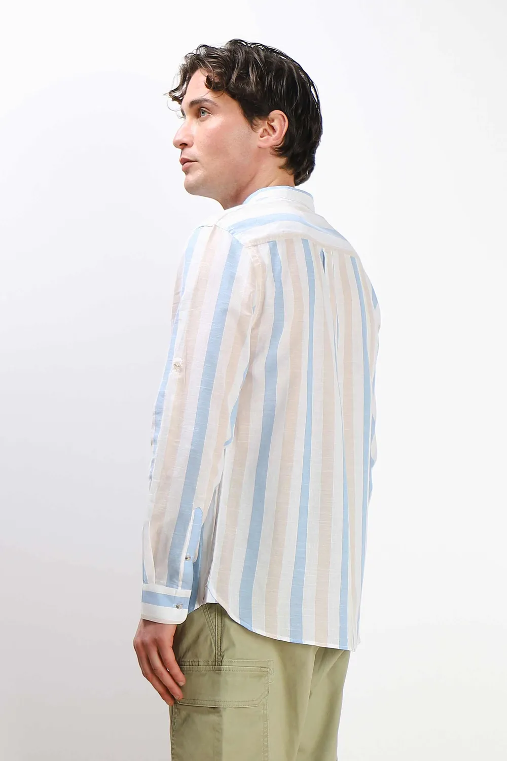 Sonny Bono Collo Coreano Camicia Azzurro Cotone Slub