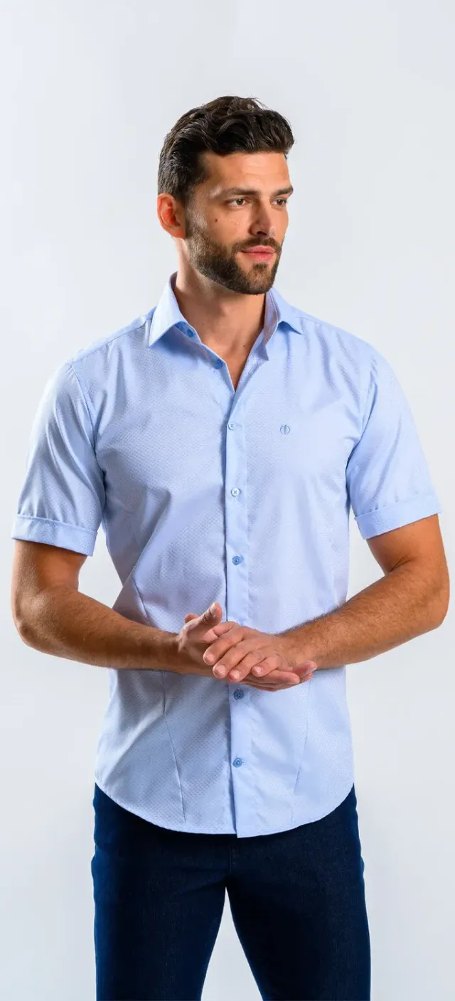Alain Delon camicia manica corta azzurra extra slim fantasia