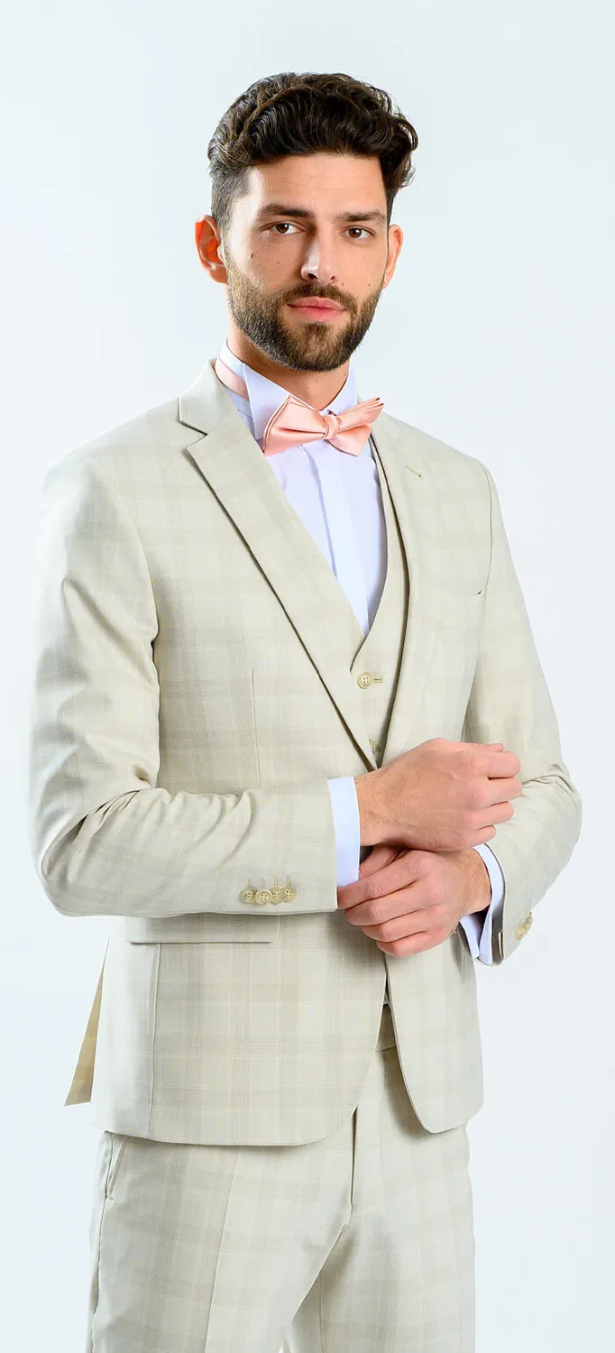 Alain Delon Abito Slim Fit Beige Quadri con Gilet Matrimonio