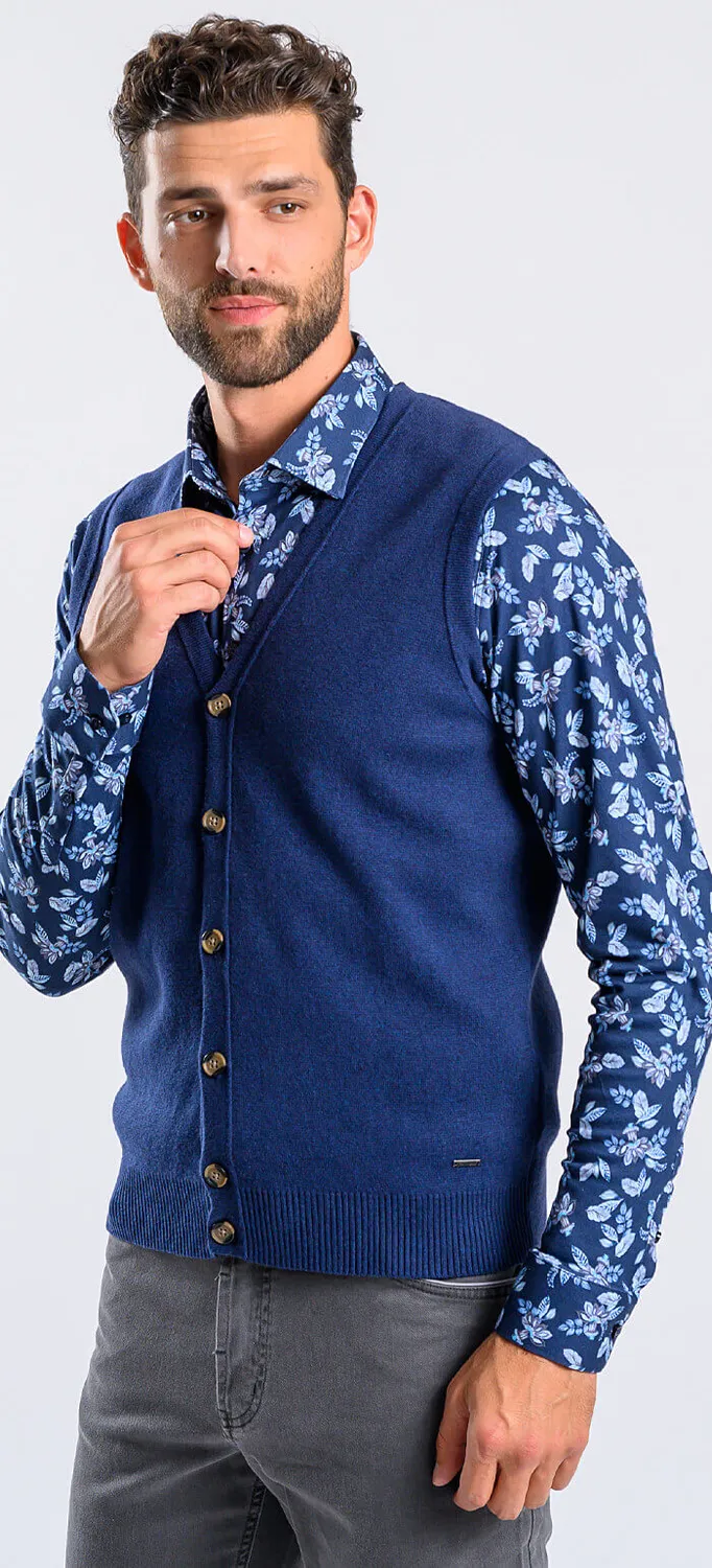 Alain Delon gilet blu bottoni slim fit cotone cashmere