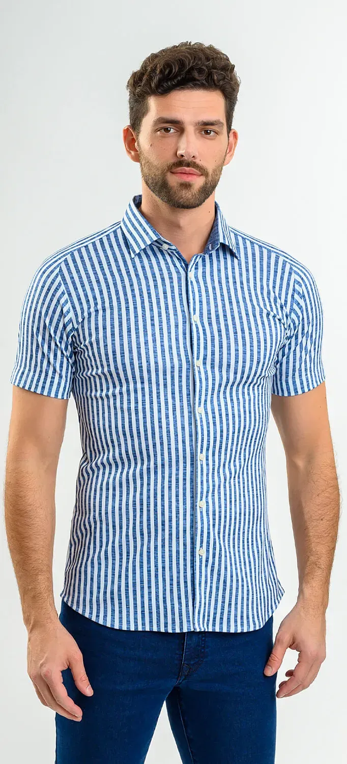Alain Delon camicia manica corta extra slim righe bianche blu