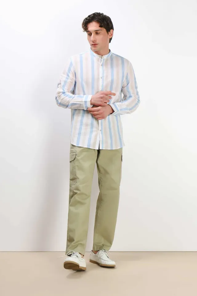 Sonny Bono Collo Coreano Camicia Azzurro Cotone Slub