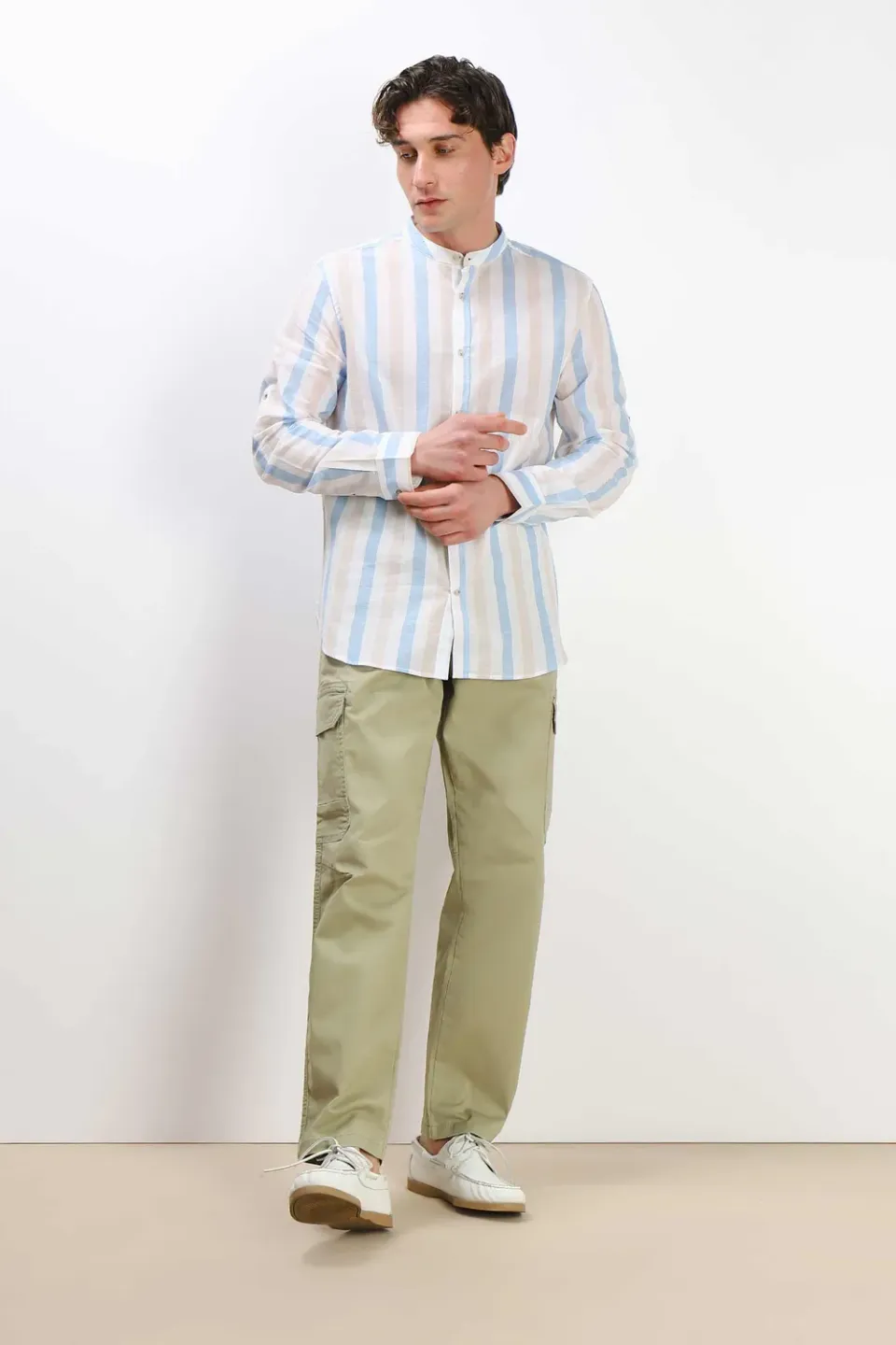 Sonny Bono Collo Coreano Camicia Azzurro Cotone Slub