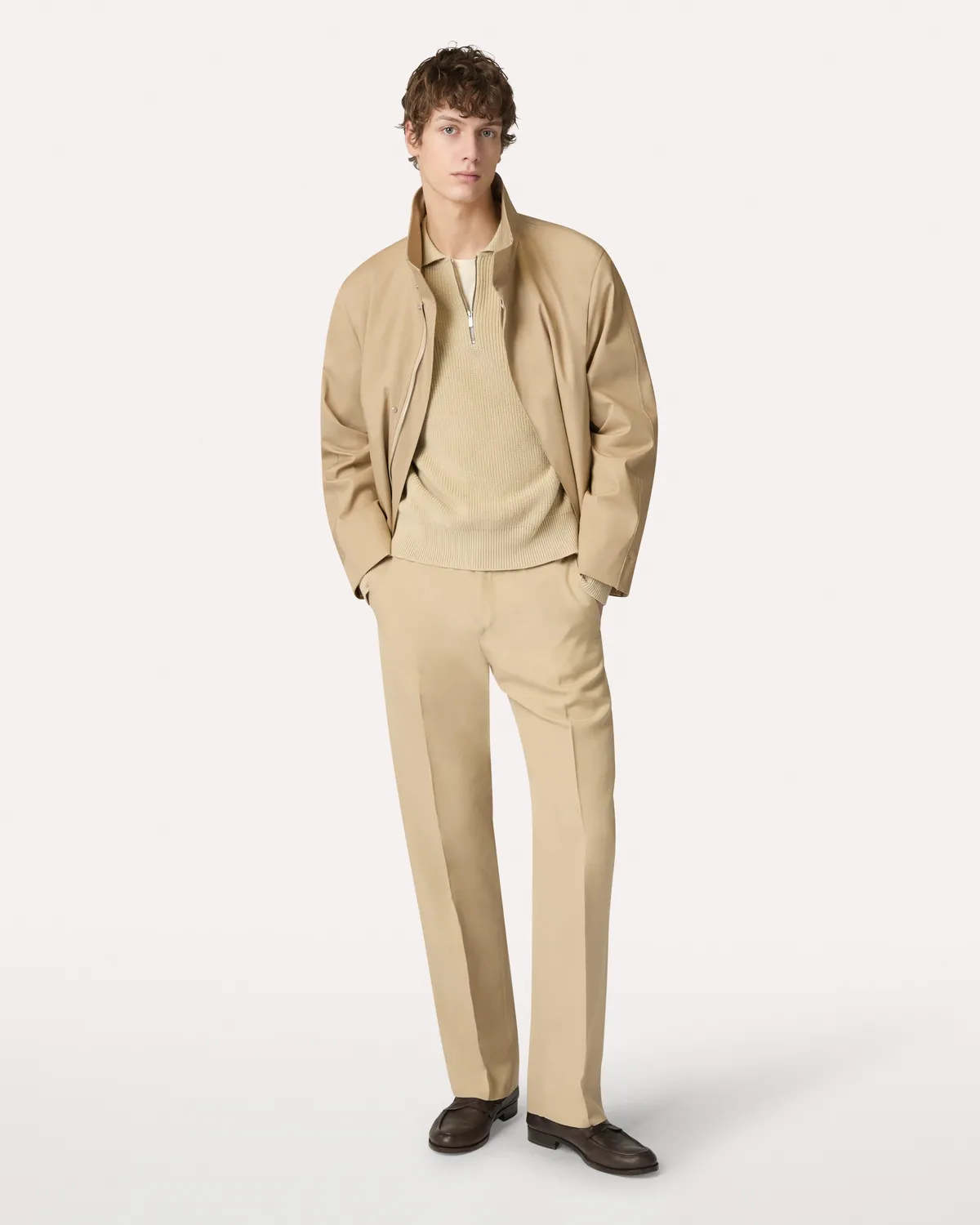 Lardini Polo beige maglia cotone manica lunga zip