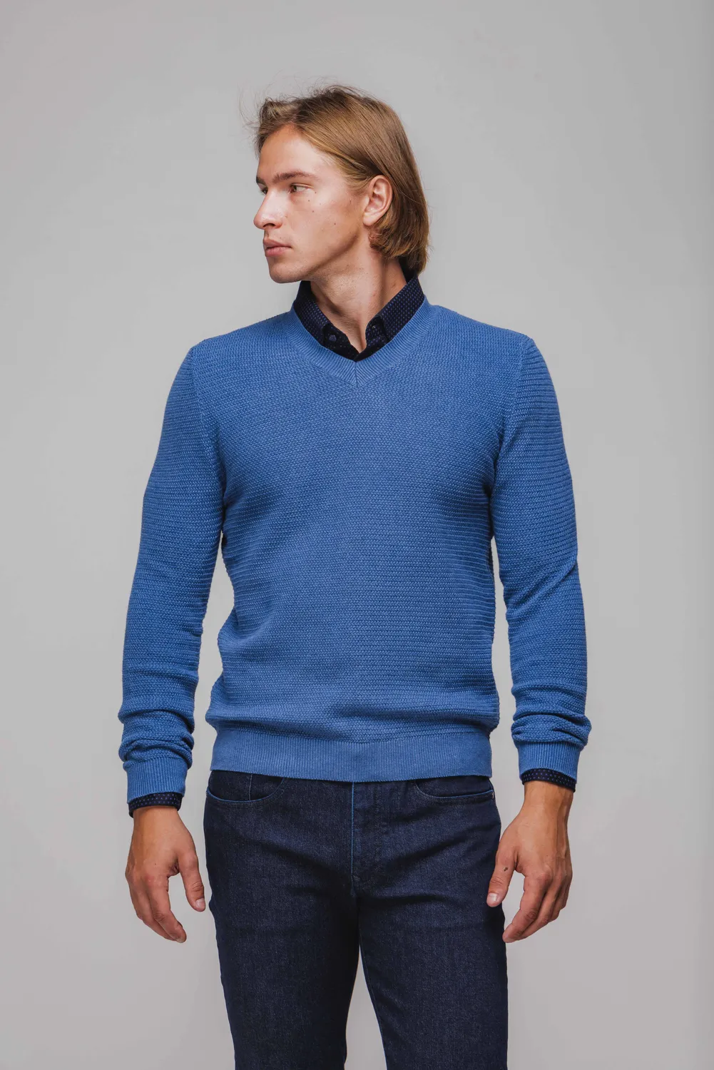 Alain Delon pullover blu scollo V cotone maglieria
