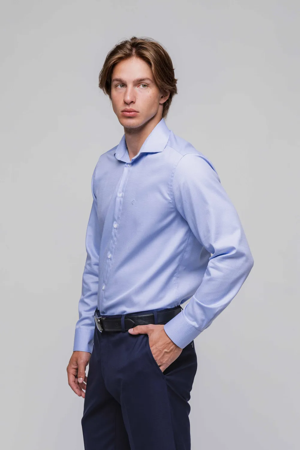 Alain Delon camicia slim fit azzurra micro fantasia cotone