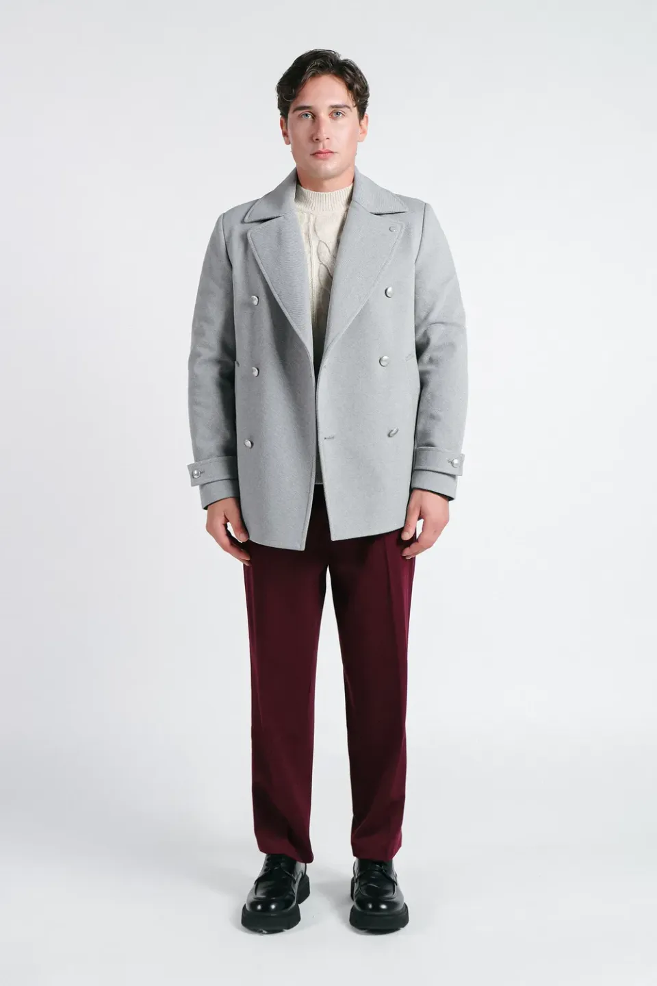 Sonny Bono Doppio Petto Cappotto Grigio Chiaro Bottoni Argento