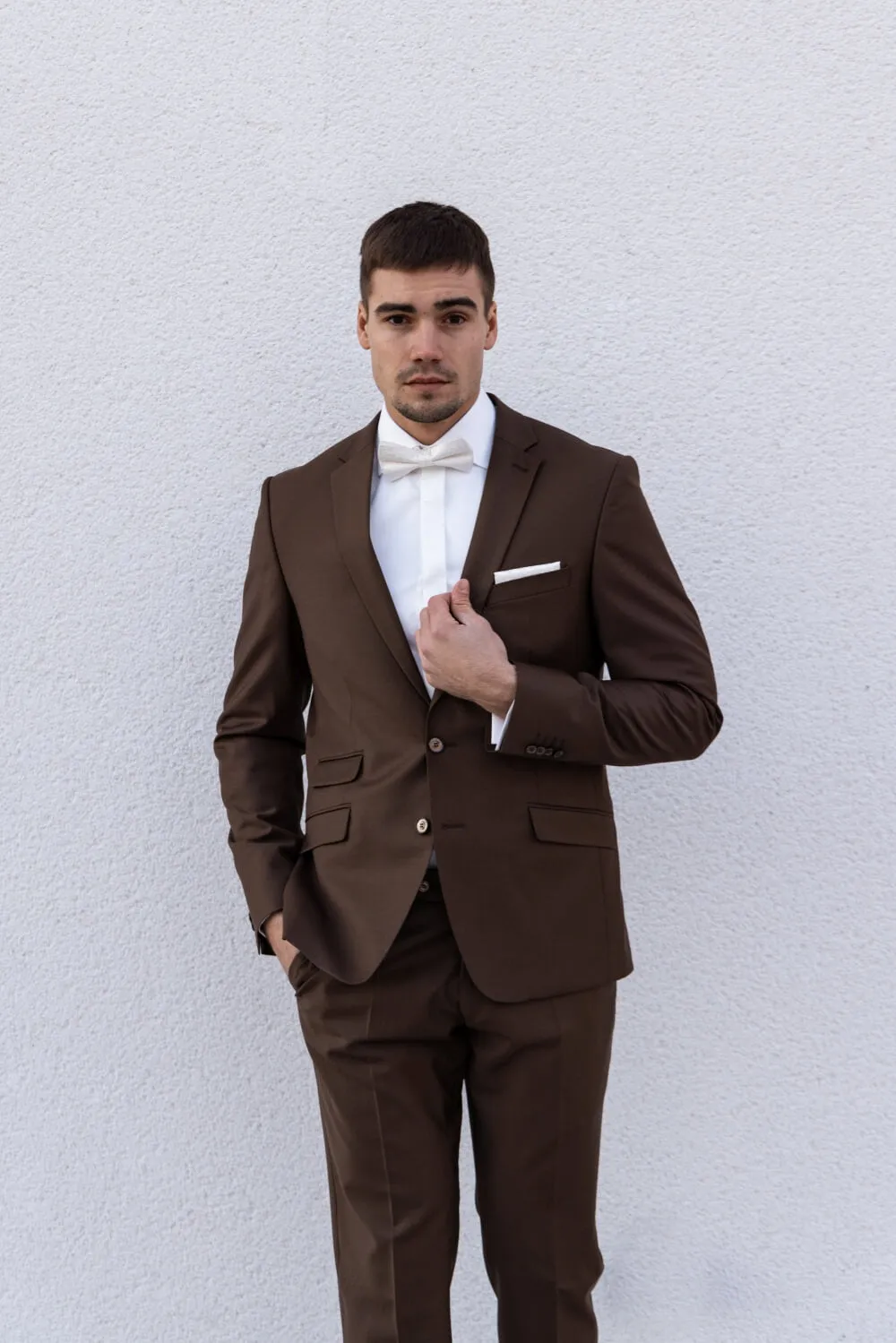 Alain Delon abito slim fit marrone nozze lana stretch