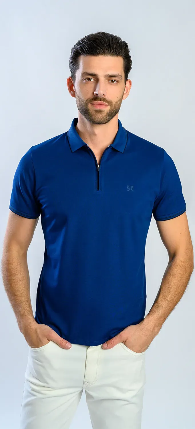 Alain Delon Polo Blu Zip Slim Leggera Traspirante