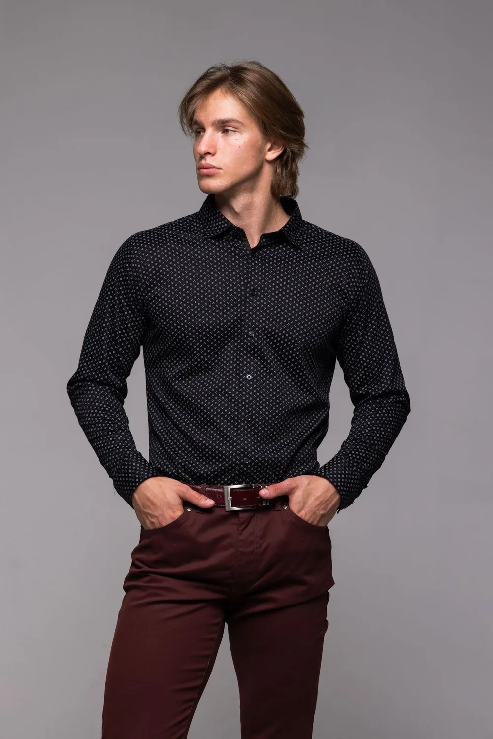 Alain Delon camicia nera extra slim fit elasticizzata fantasia