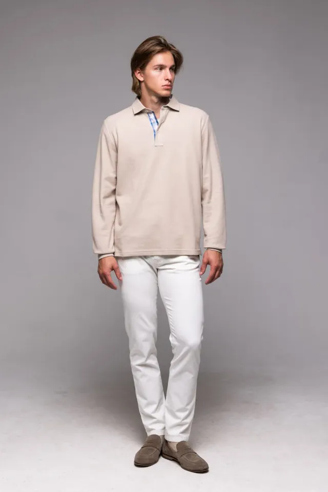 Alain Delon Polo Beige Manica Lunga Cotone Piqué L