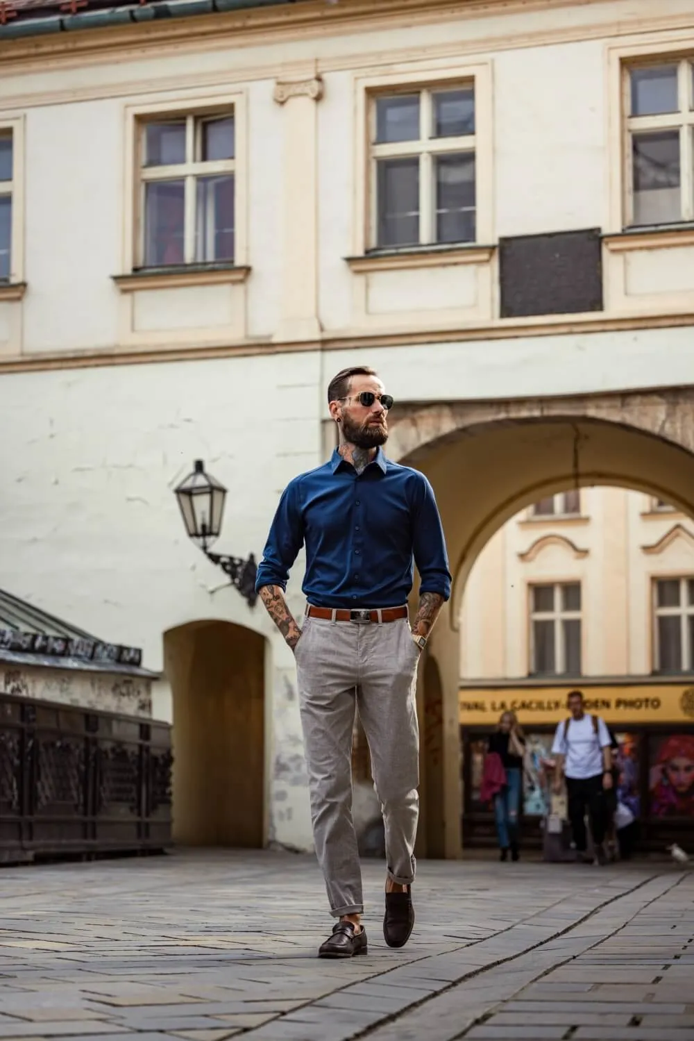 Alain Delon Pantaloni slim beige a quadri elasticizzati