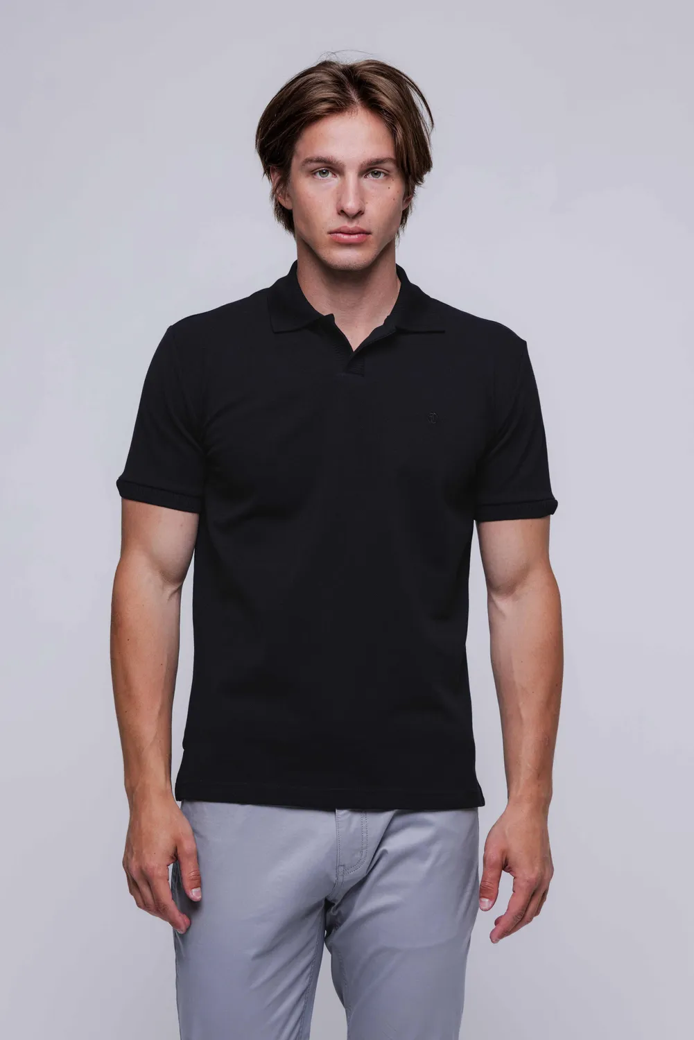Alain Delon Polo Nera Classica Senza Bottoni Cotone