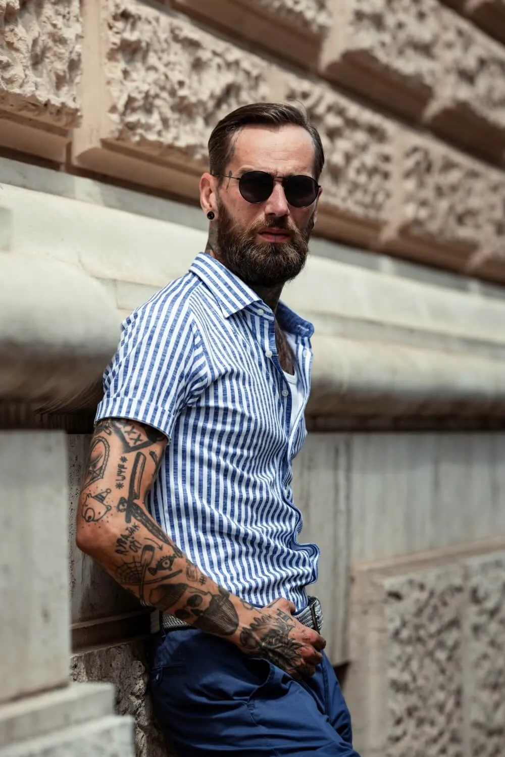 Alain Delon camicia manica corta extra slim righe bianche blu