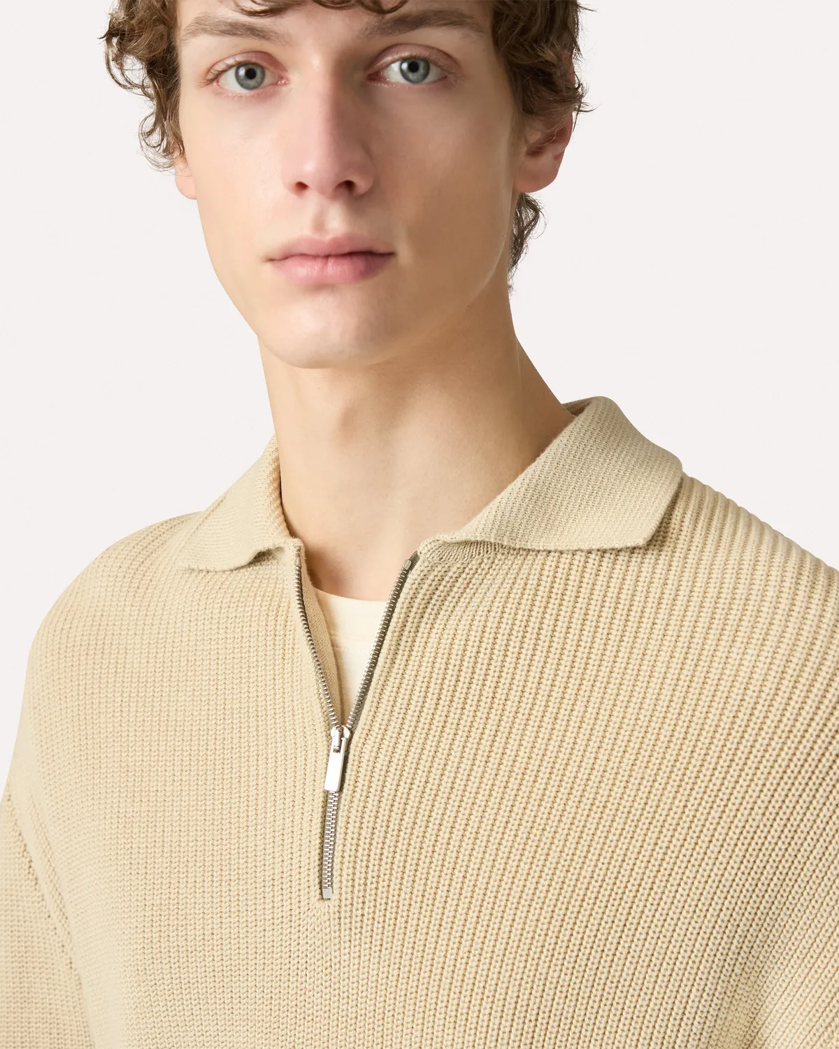Lardini Polo beige maglia cotone manica lunga zip
