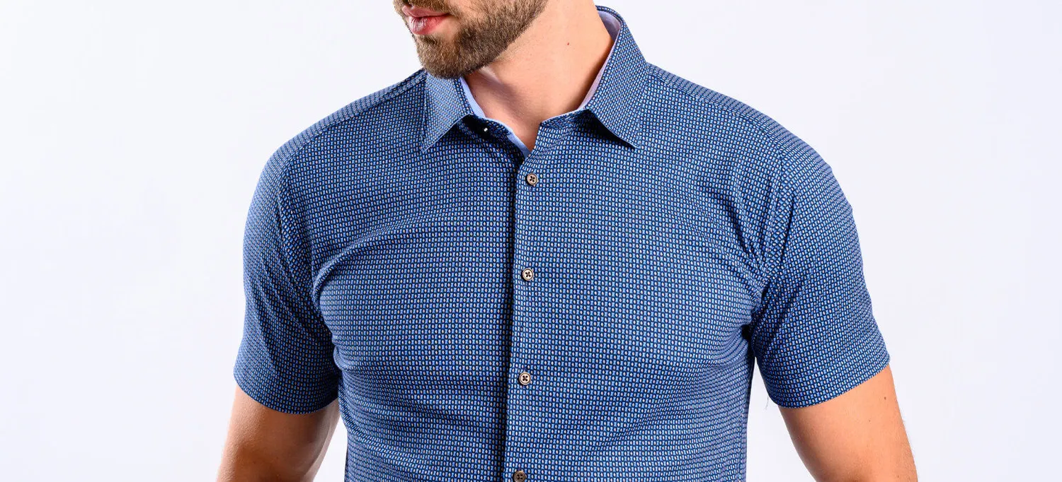 Alain Delon camicia manica corta blu stretch fantasia S
