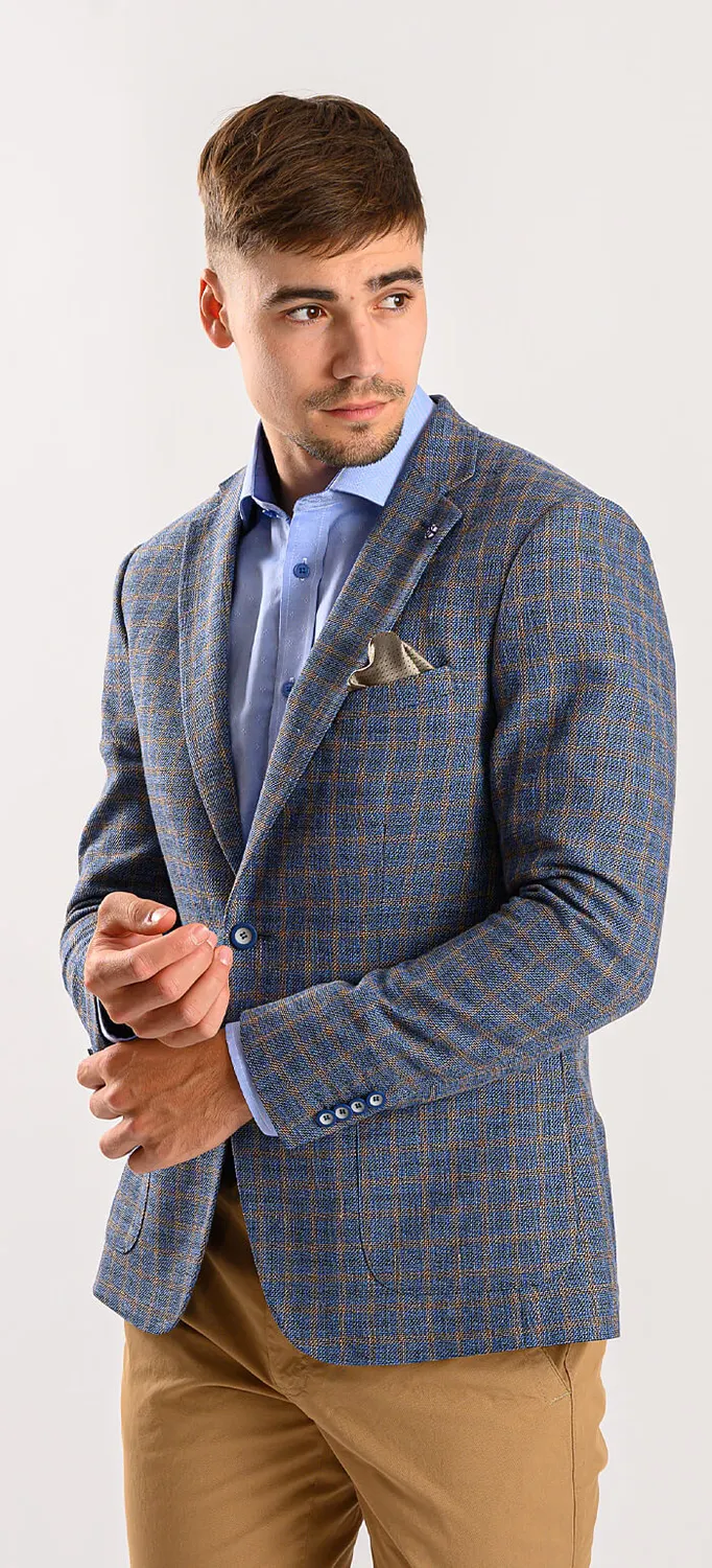 Alain Delon giacca blu lino quadri marroni slim fit