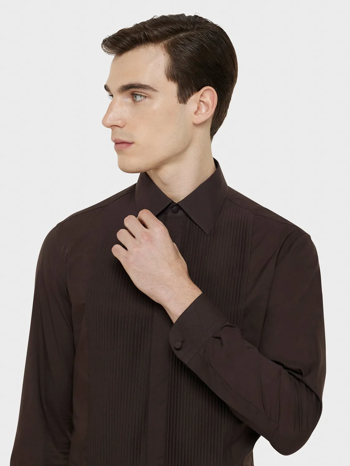 Caruso camicia cerimonia cotone marrone plastron slim